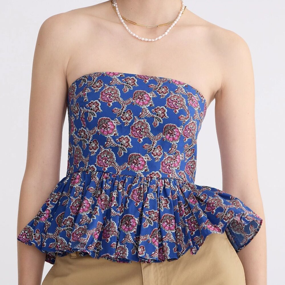 J.Crew Collection Strapless Floral Peplum Top Ratti Blue Blooms 10
